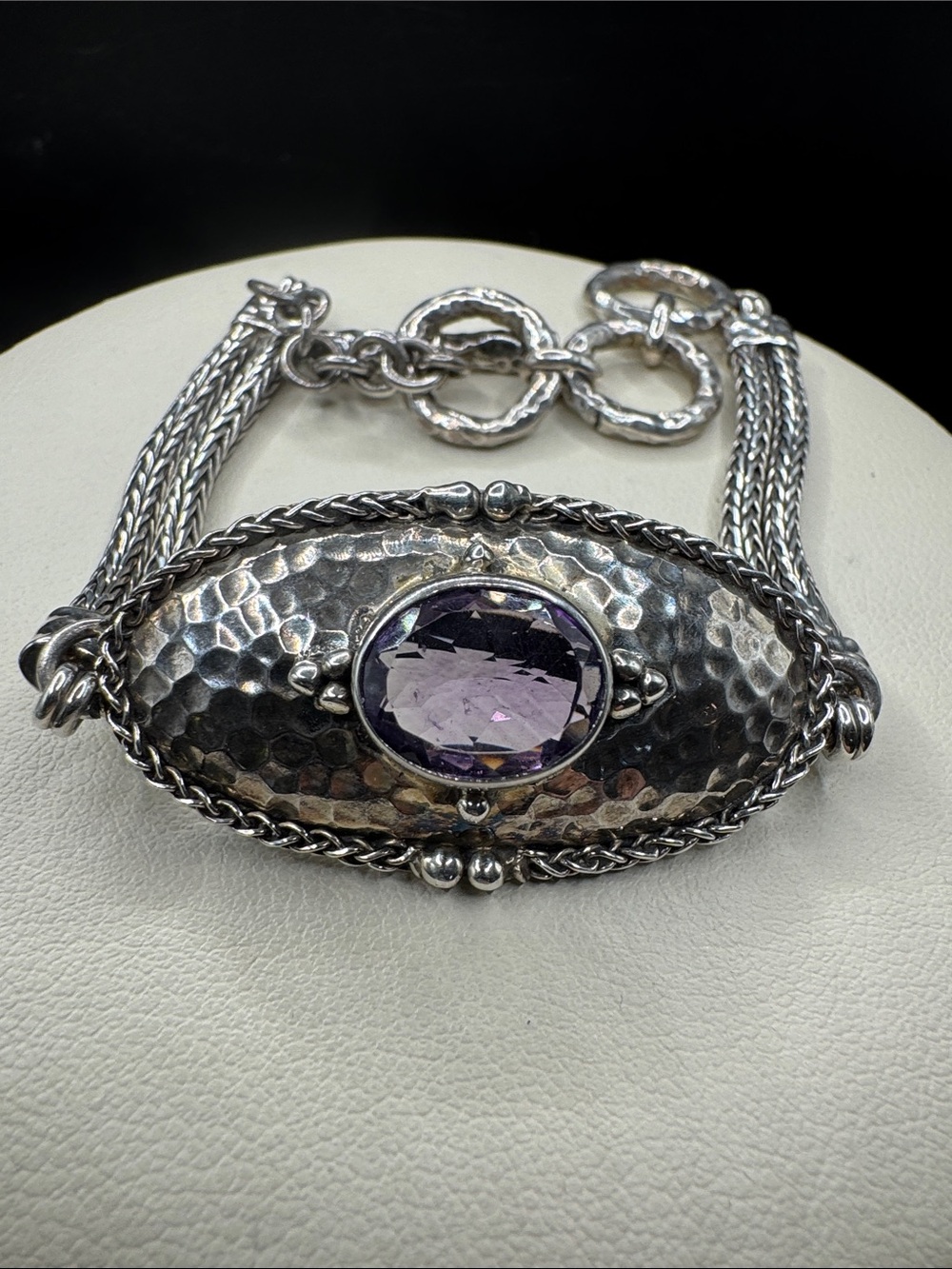 Vintage Sterling Hammered  Amethyst Byzantine Chain Link Bracelet 8in